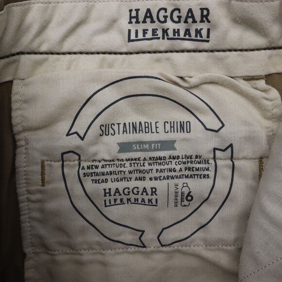 Haggar Pants Mens 30 Beige Khakis Straight Slim Fit Stretch Slash Pocket Button - Picture 2 of 16